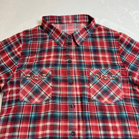 NO BRAND Plaid Semi Sheer Button Up Shirt Size Medium Embellished Cowgirl Rodeo - Picture 3 of 8